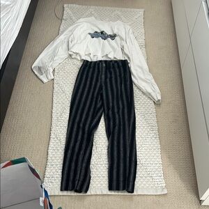 White Graphic Sweatshirt and Striped Pants Set